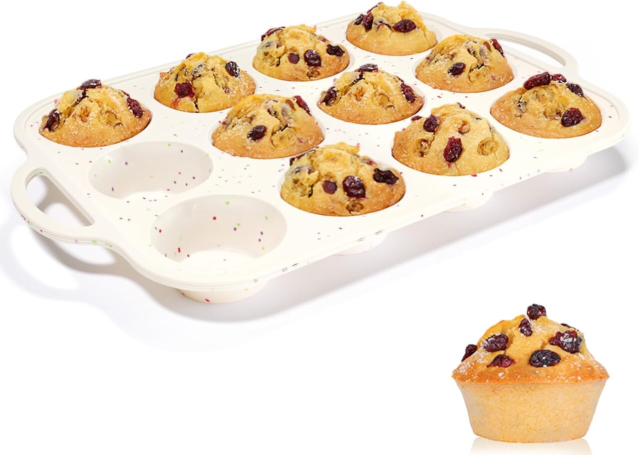 Silicone 12-Cup Muffin Pan with Metal Frame & Handles, Nonstick BPA-Free (Confetti)